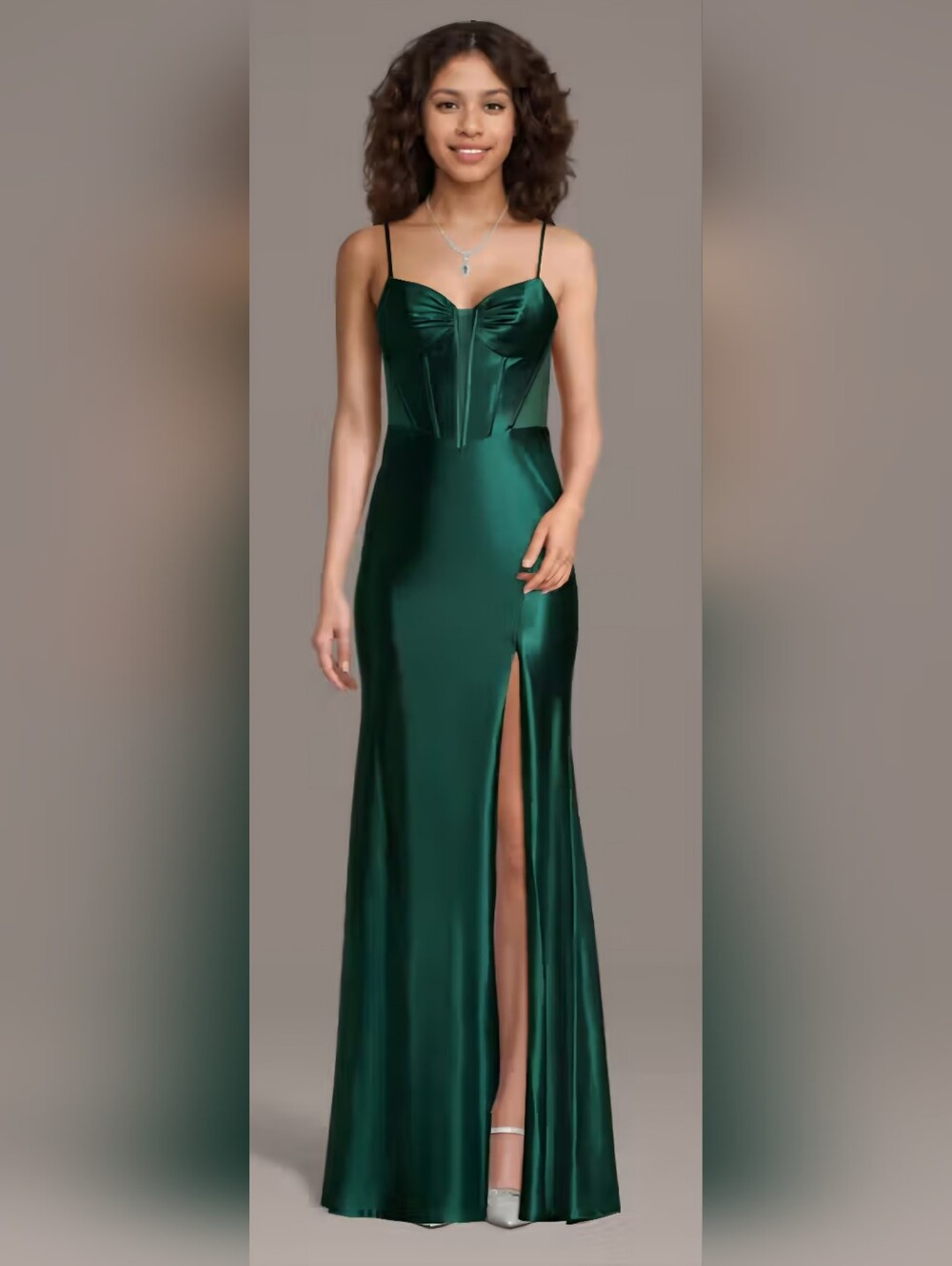 Emerald Green Satin Corset Prom Dress – Lace-Up Back & High Slit Gown